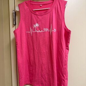 S101 - Amazon  Women Ladies Pink Beach Palm Tree Crew Tank Top Large